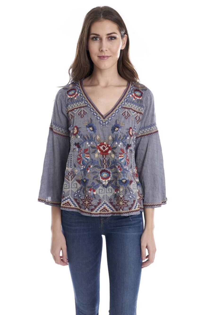 JOHNNY WAS Bohdi Swing Blouse Chambray Embroidered W10118 Small